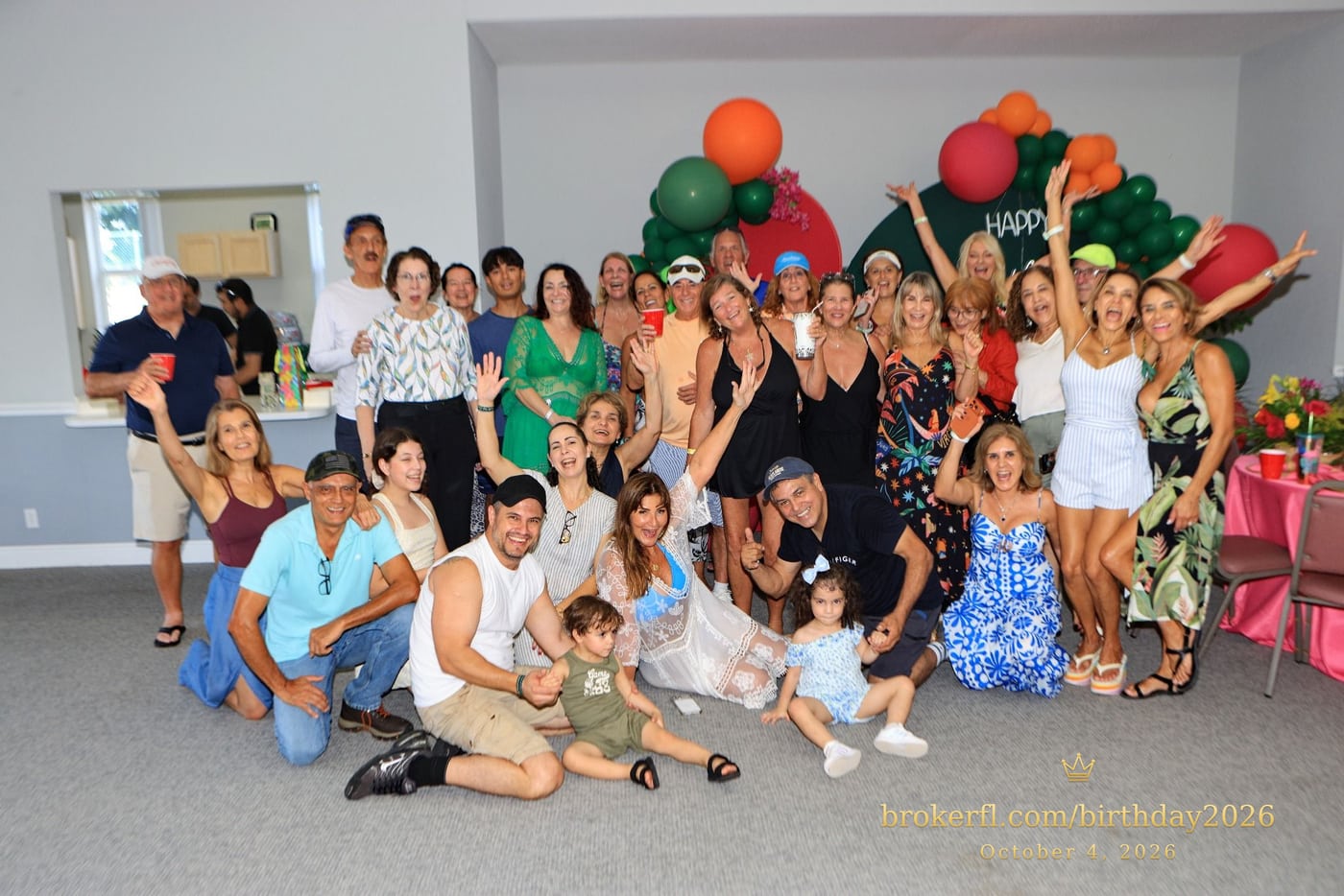 Large group portrait of the birthday celebration guests — Karina Leal's birthday, October 4, 2026.