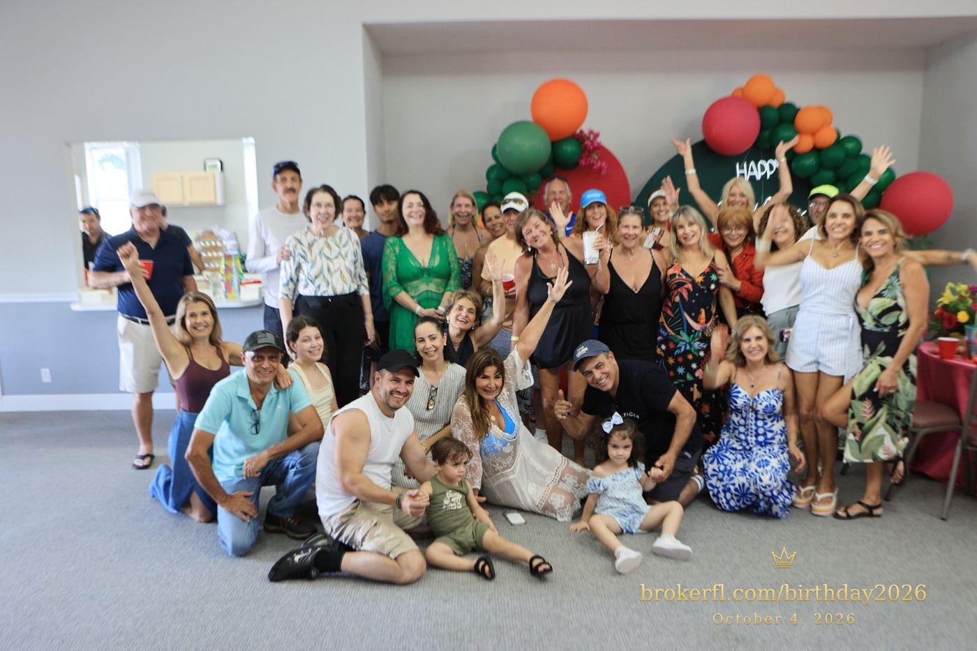 Large group portrait of the birthday celebration guests — Karina Leal's birthday, October 4, 2026.
