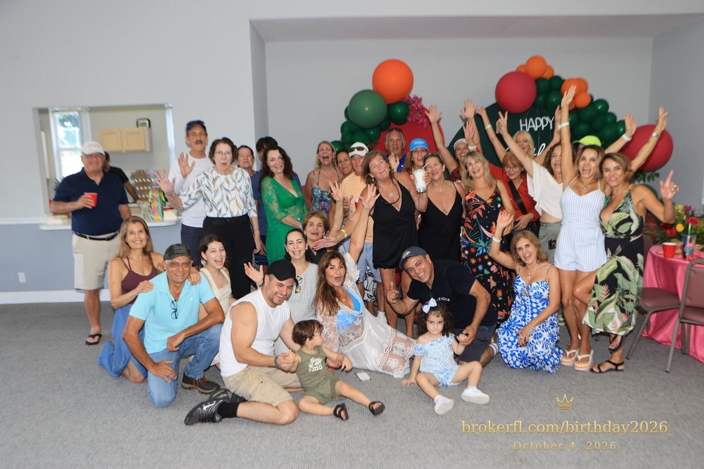 Large group portrait of the birthday celebration guests — Karina Leal's birthday, October 4, 2026.