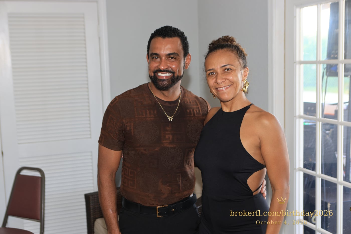 Two guests posing together inside the venue — Karina Leal's birthday, October 4, 2026.