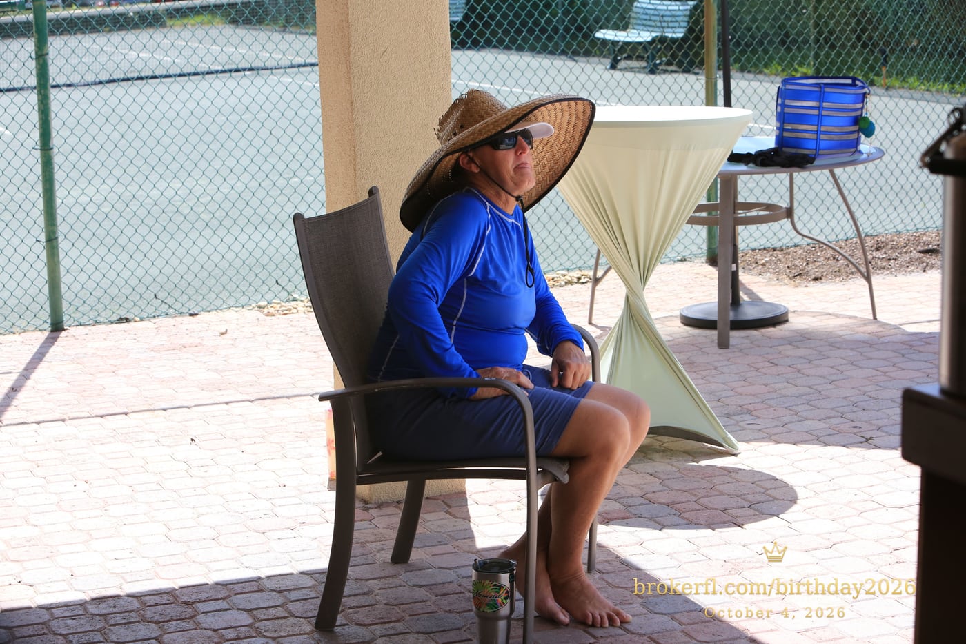 Joe “Wags” Wagenhals, the lifeguard, in blue with a wide-brimmed hat at Karina’s birthday celebration.