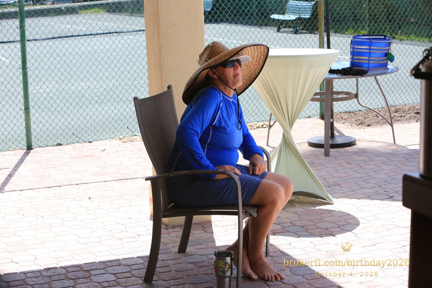 Joe “Wags” Wagenhals, the lifeguard, in blue with a wide-brimmed hat at Karina’s birthday celebration.