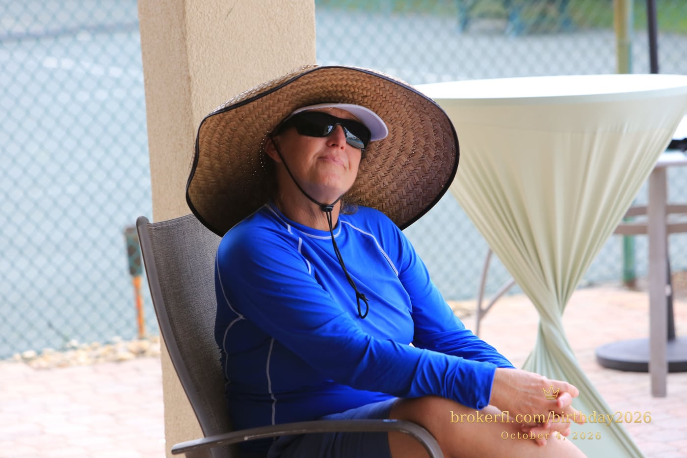 Joe “Wags” Wagenhals, the lifeguard, in blue with a wide-brimmed hat at Karina’s birthday celebration.
