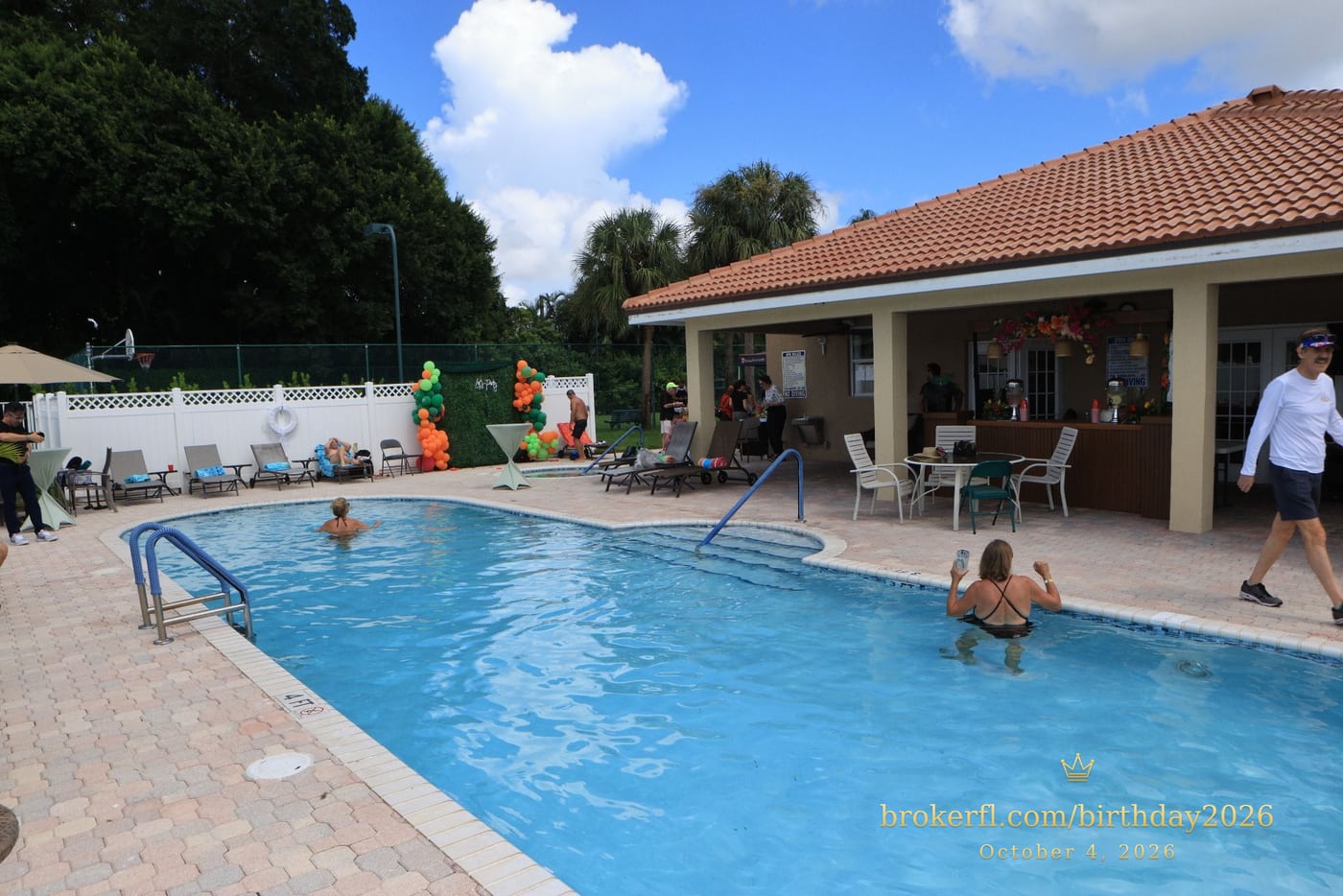 Swimming pool and sunny patio at the birthday venue — Karina Leal's birthday, October 4, 2026.