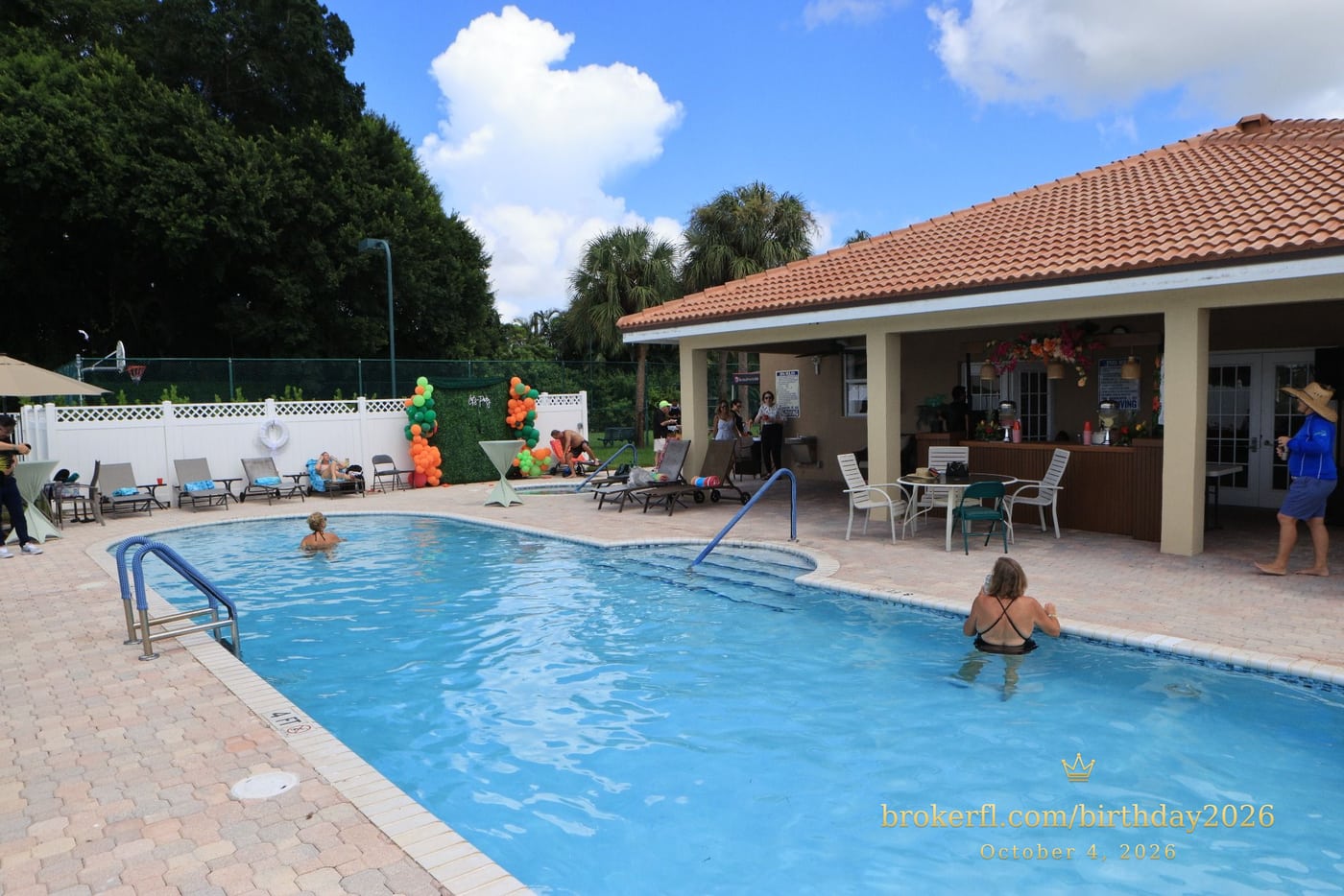 Swimming pool and sunny patio at the birthday venue — Karina Leal's birthday, October 4, 2026.