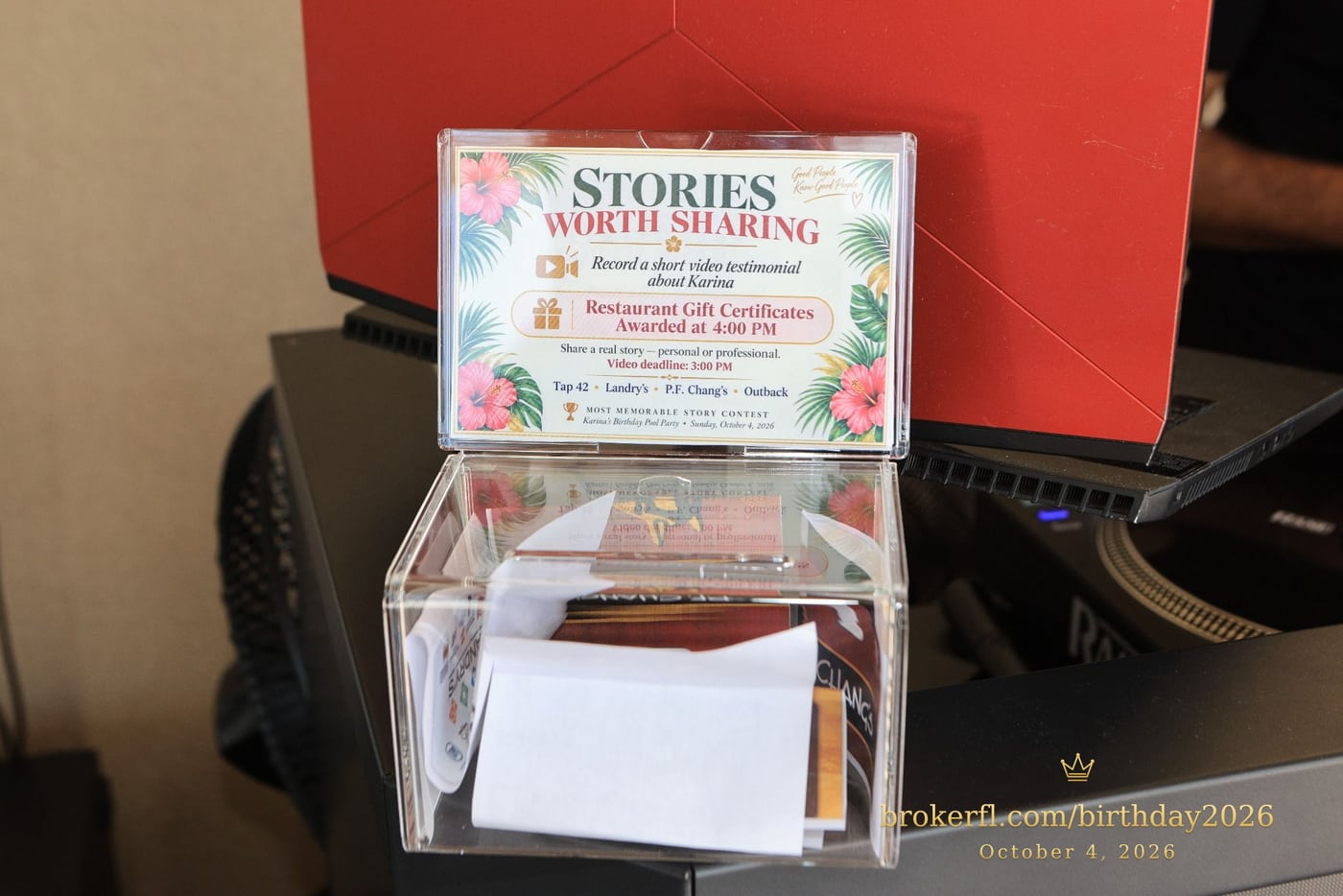 Party activity cards and a memory collection box — Karina Leal's birthday, October 4, 2026.