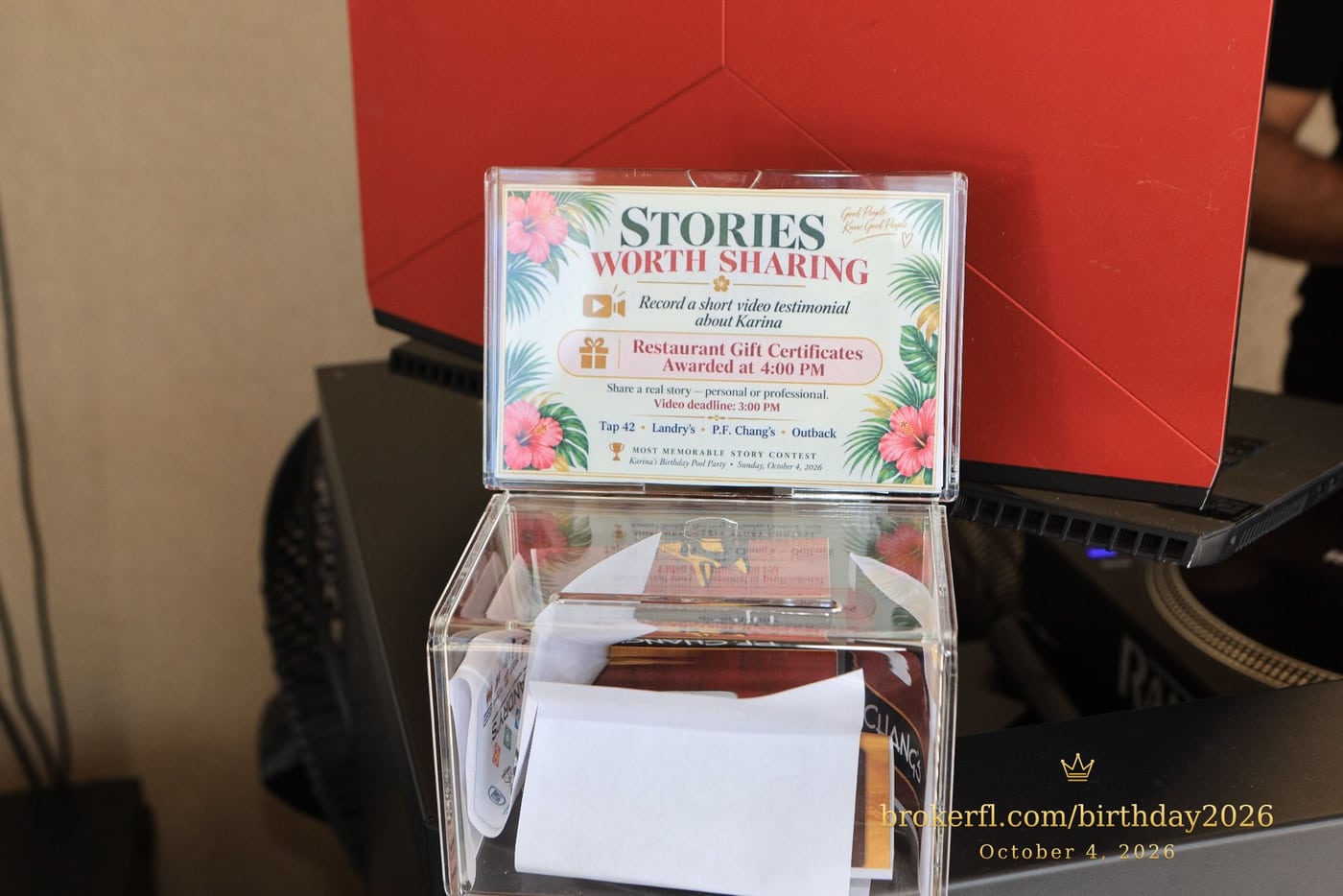 Party activity cards and a memory collection box — Karina Leal's birthday, October 4, 2026.